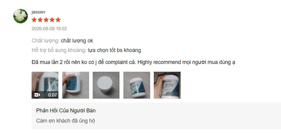 Đánh giá 5 sao ngày 09/08/2026: Chất lượng ok, lựa chọn tốt bổ sung khoáng. Đã mua lần 2 rồi nên ko có j để complaint cả. Highly recommend mọi người mua dùng ạ