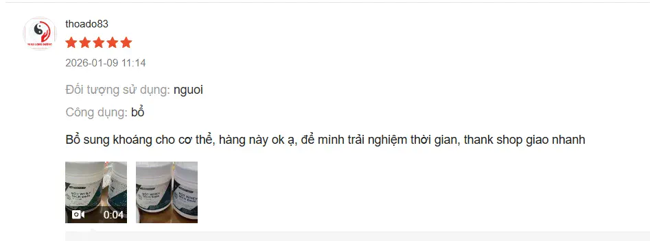 Đánh giá 5 sao ngày 09/01/2026: Bổ sung khoáng cho cơ thể, hàng này ok ạ, để mình trải nghiệm thời gian, thank shop giao nhanh